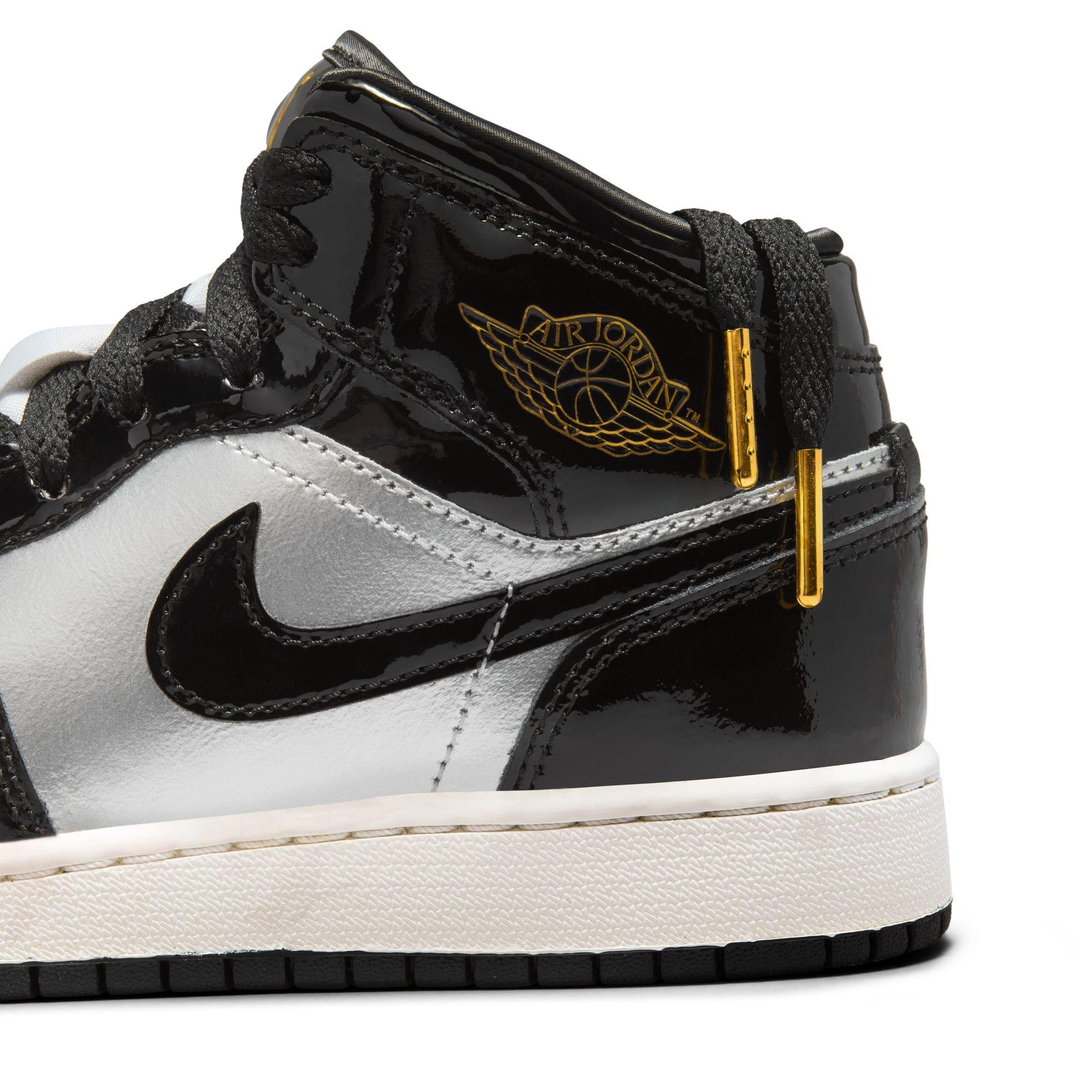 Jordan 1 Mid SE Grade School Boys Black Metallic Gold Metallic Silver Shoe